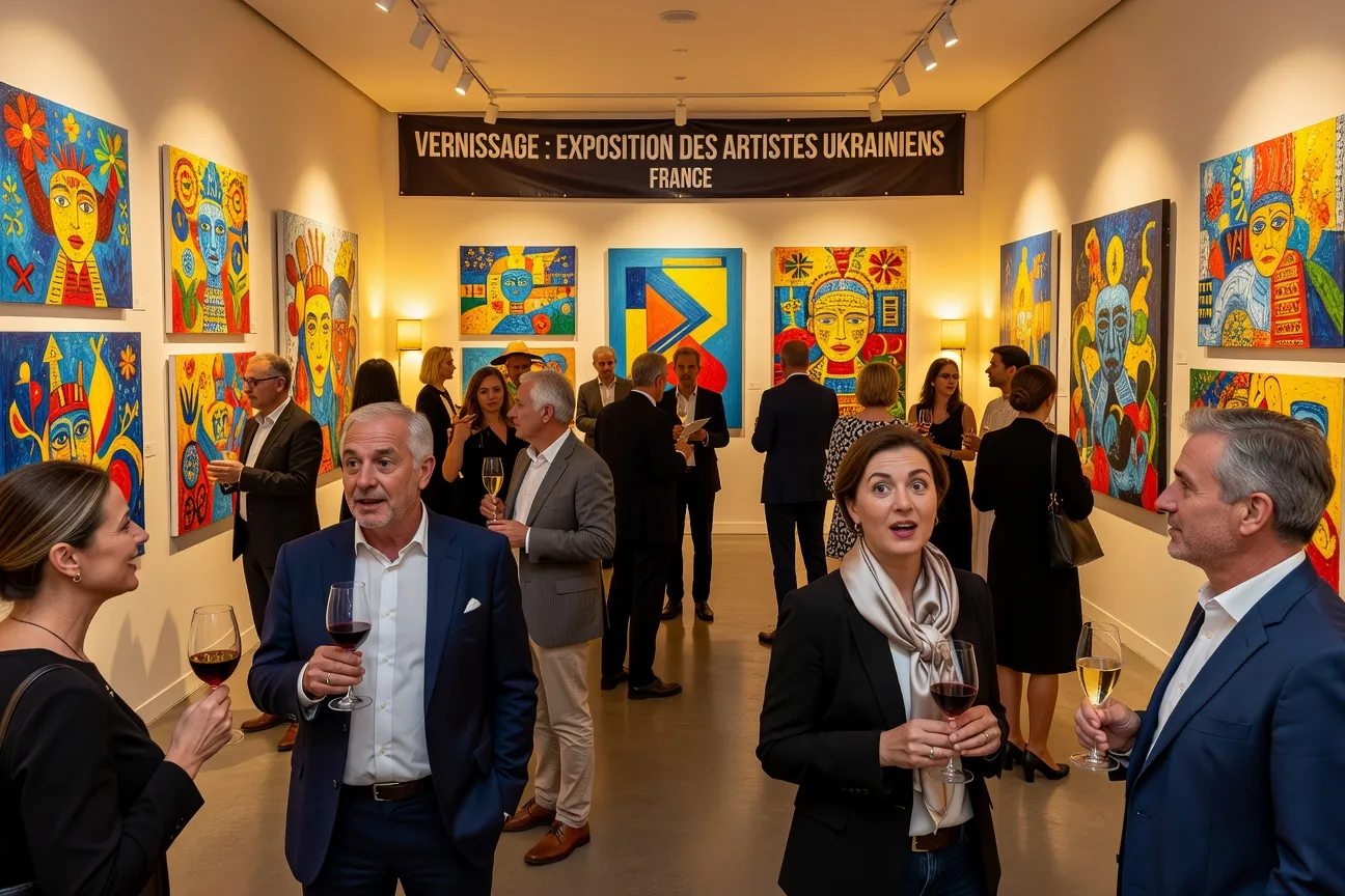 Vernissage d'une exposition d'artistes ukrainiens en résidence en France, galerie contemporaine