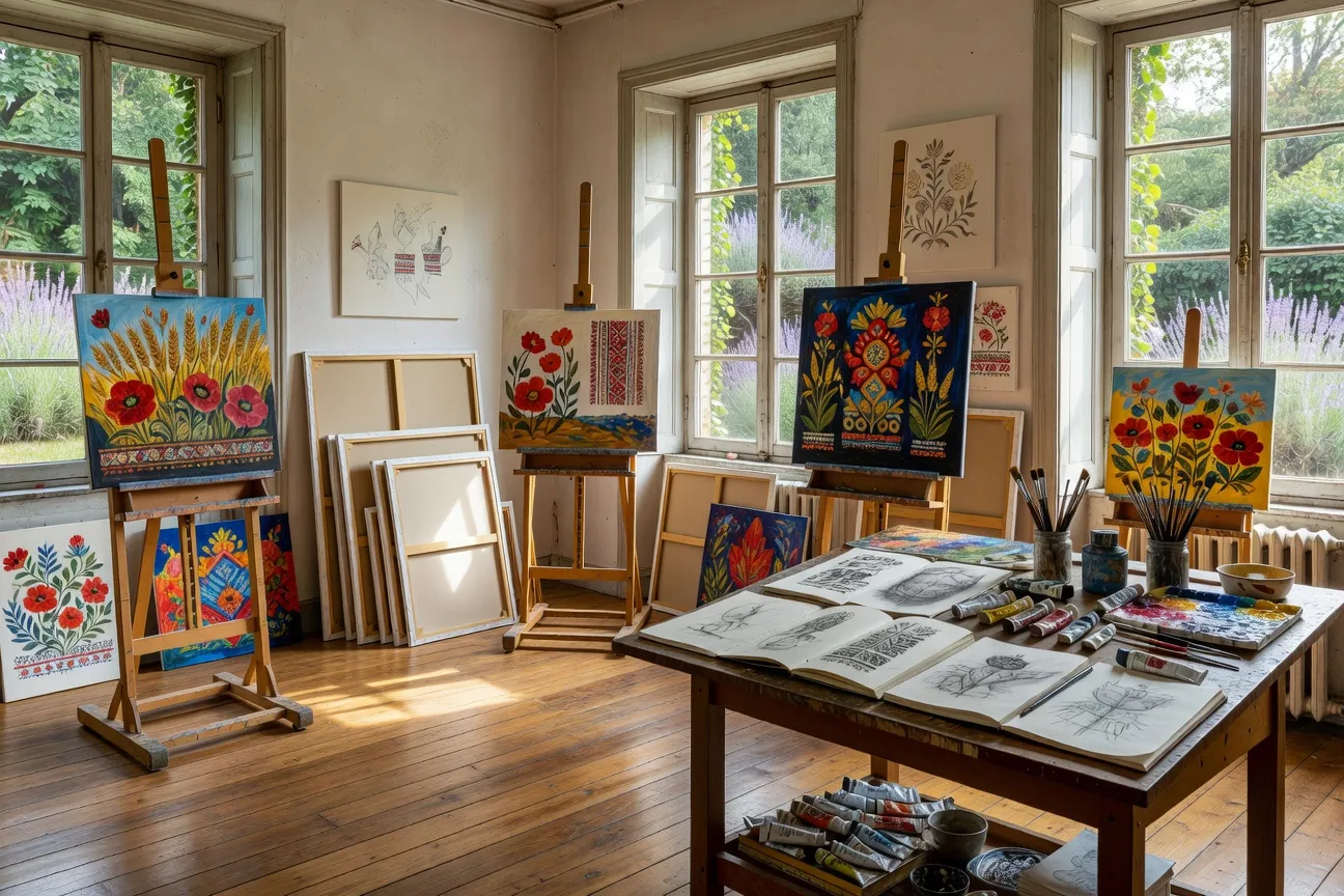 Artiste ukrainienne travaillant dans son atelier de résidence en France, lumière naturelle, format horizontal