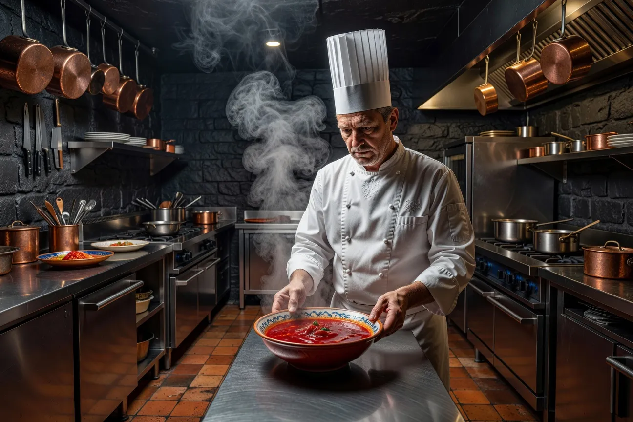 Chef ukrainien préparant un borchtch dans la cuisine du restaurant Borshch à Paris, tablier blanc