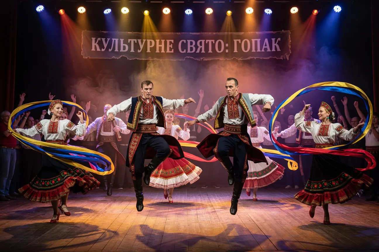 Danseurs ukrainiens exécutant le hopak, costumes traditionnels, scène de spectacle en France