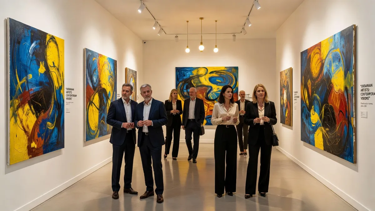 Œuvres d'artistes ukrainiens contemporains exposées dans une galerie parisienne, murs blancs, éclairage muséal