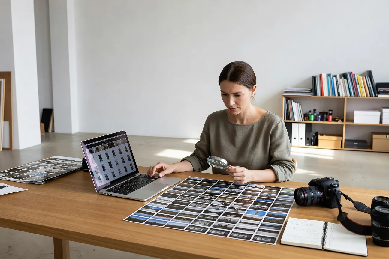 Portrait d'une photographe ukrainienne dans son atelier, lumière naturelle, format horizontal