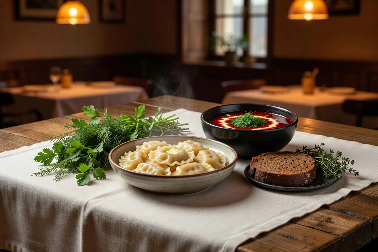Table dressée avec des plats ukrainiens gastronomiques dans un restaurant parisien, varenyky et borchtch
