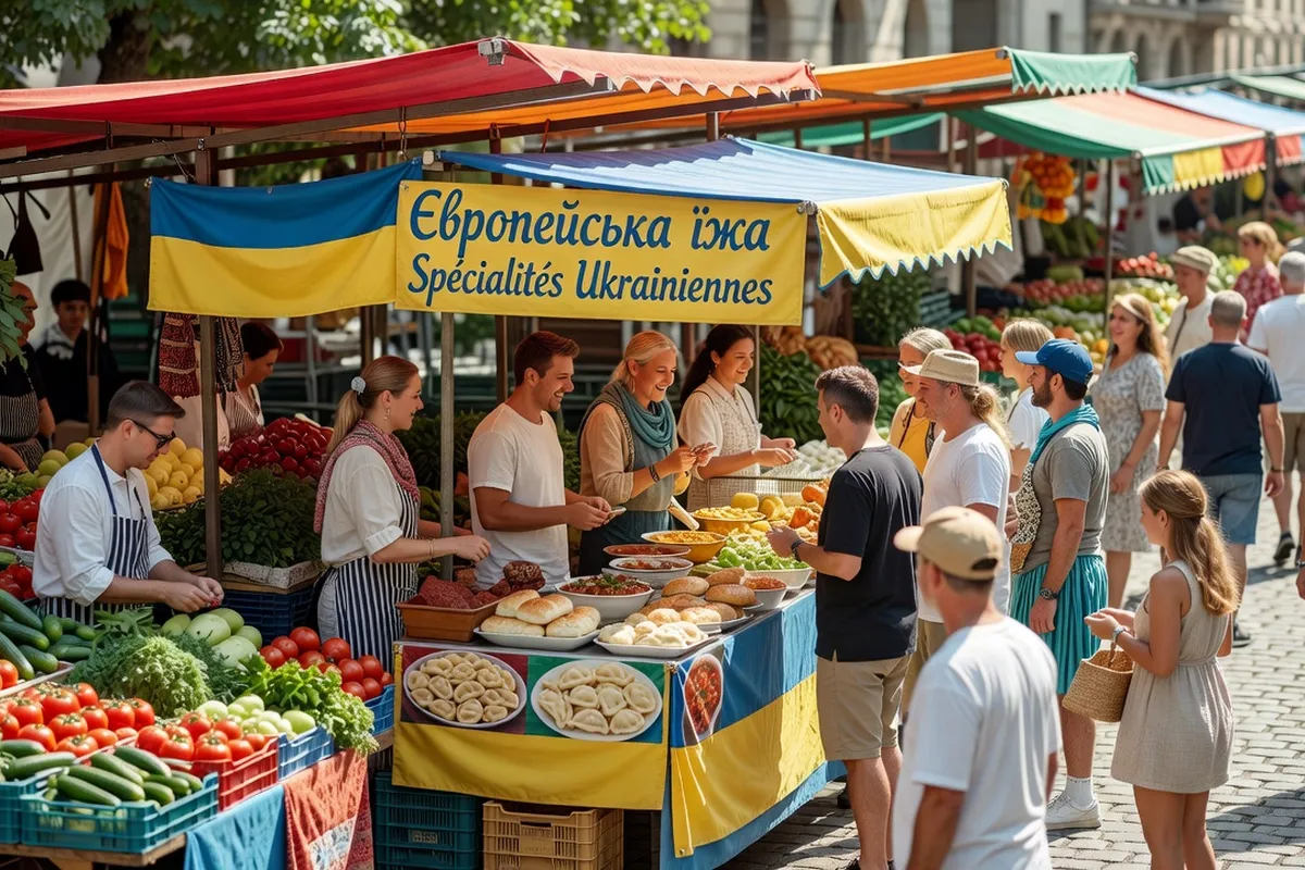 Stand de marché proposant des spécialités ukrainiennes à emporter en France
