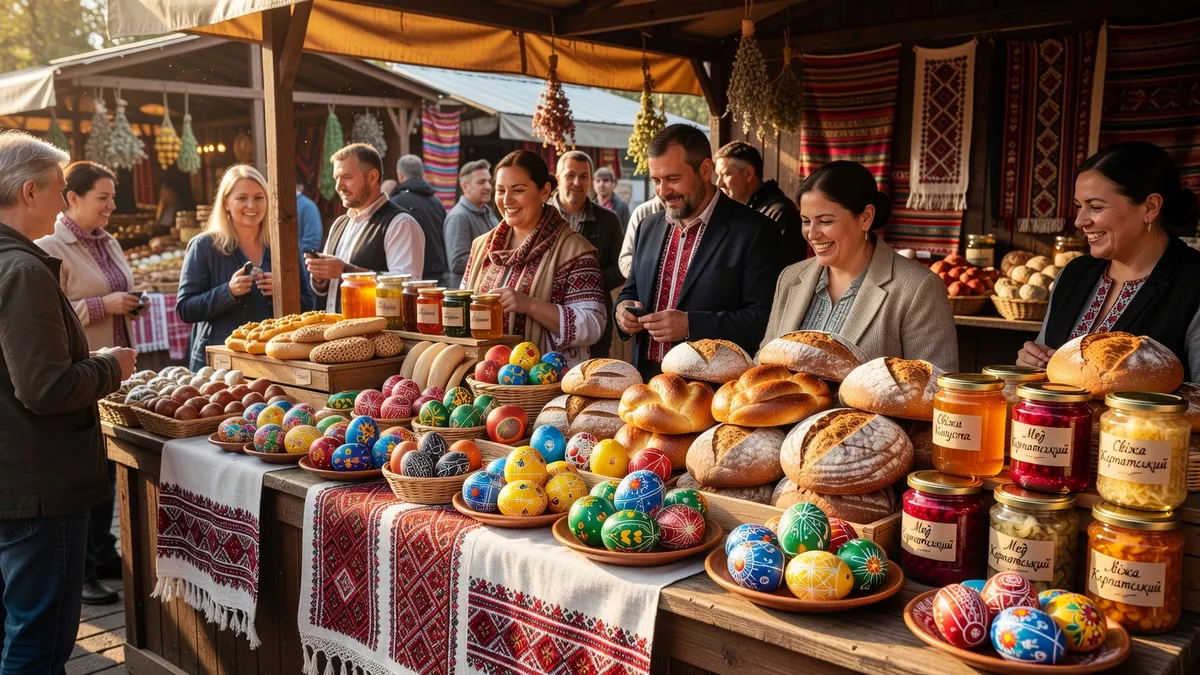 Étal d'un bazar ukrainien à Paris — vyshyvanka, pysanky, produits alimentaires artisanaux