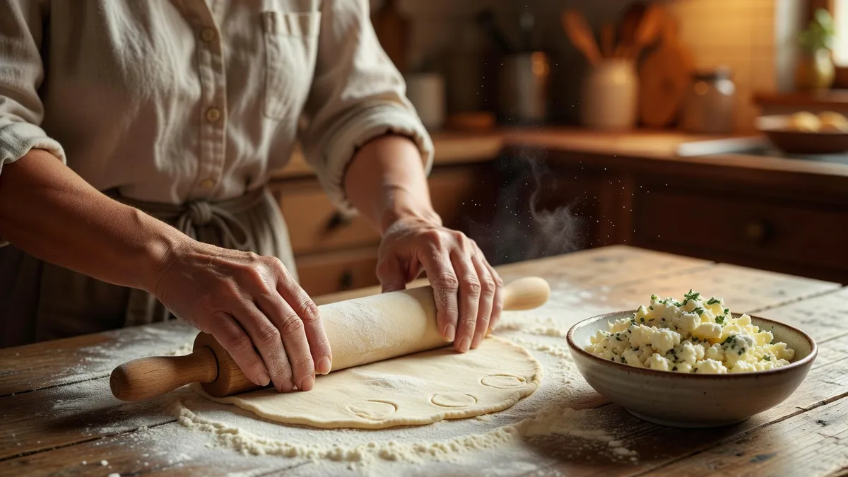 Varenyky maison en cours de préparation, pâte étalée, garniture au fromage blanc