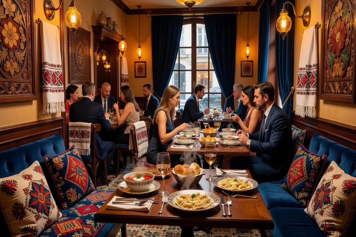 Intérieur d'un restaurant ukrainien à Paris, décor chaleureux avec ornements folkloriques