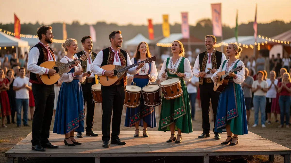 Scène de festival avec musiciens ukrainiens en costumes traditionnels revisités