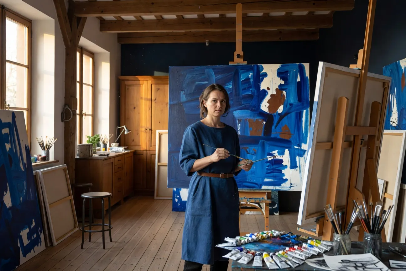 Artiste ukrainienne dans son atelier de résidence en France, grandes toiles, lumière naturelle