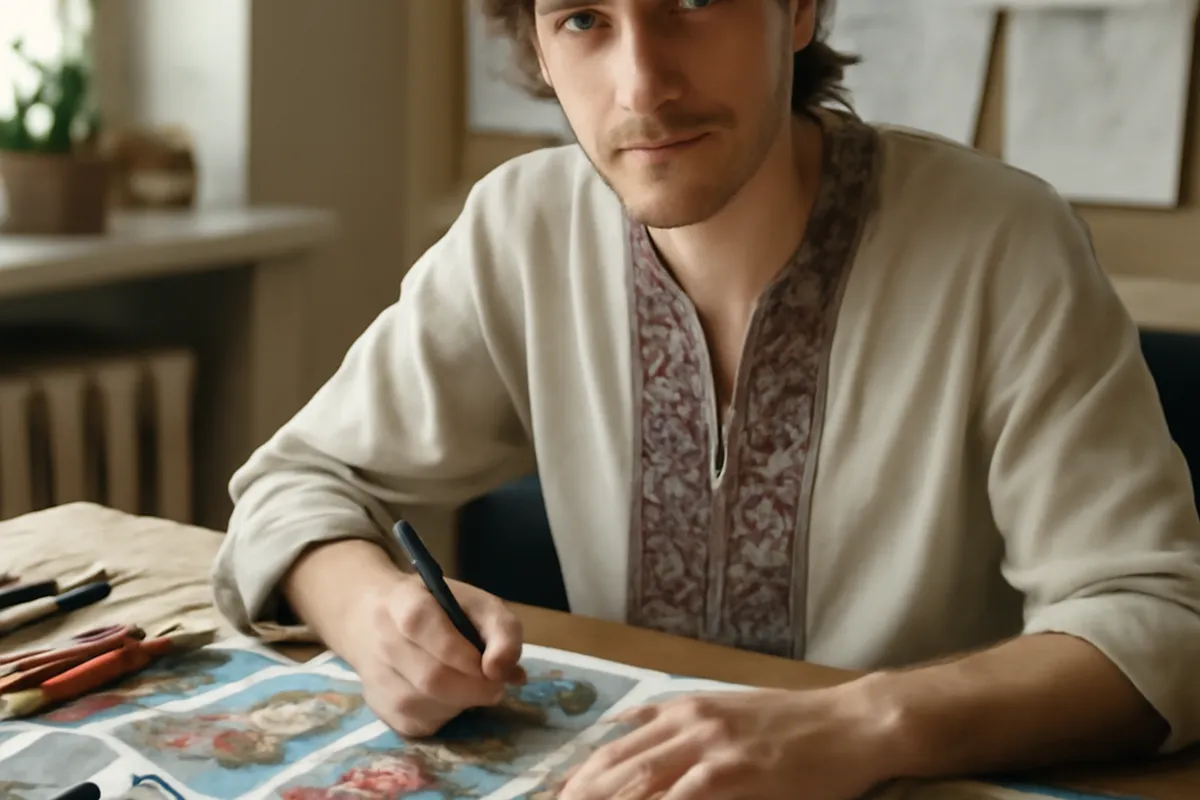 Planches de bande dessinée ukrainienne exposées en librairie, ambiance chaleureuse