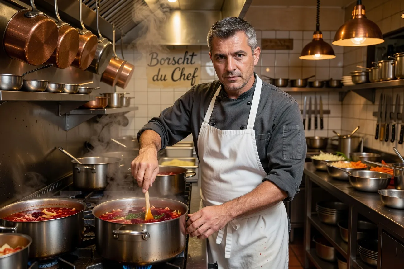 Chef Serhiy Melnyk dans la cuisine du restaurant Borshch à Paris, tablier blanc, éclairage chaud