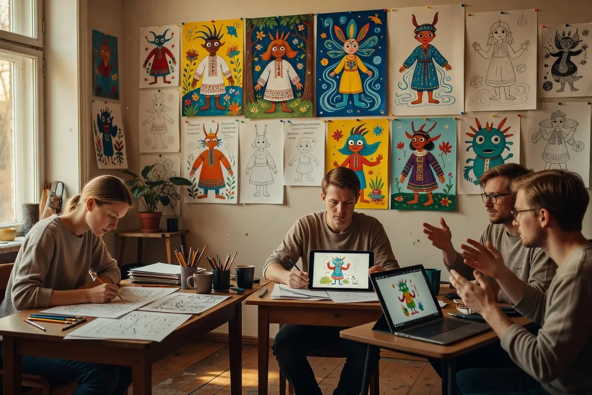 Studio d'animation ukrainien travaillant sur une série jeunesse, ambiance créative chaleureuse