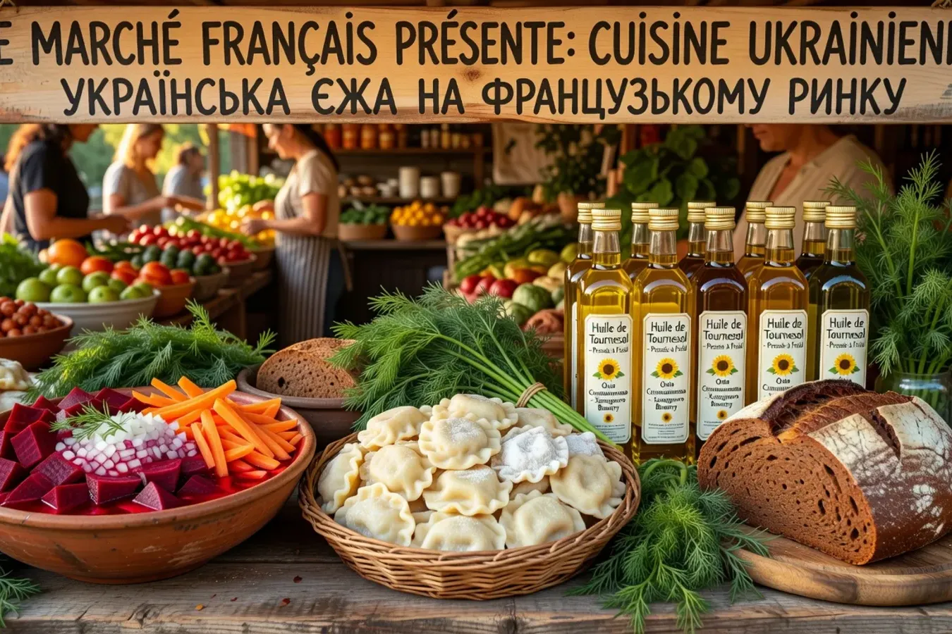 Étal de marché parisien avec produits ukrainiens — pot de bortsch, varenyky, pain pampushky, légumes