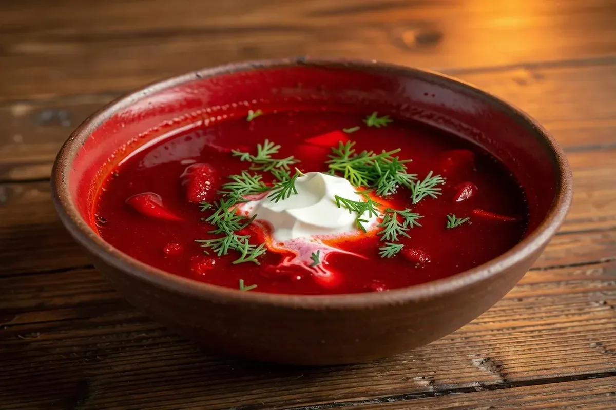 Borchtch ukrainien authentique dans un bol en céramique artisanale, garni de crème fraîche et d'aneth