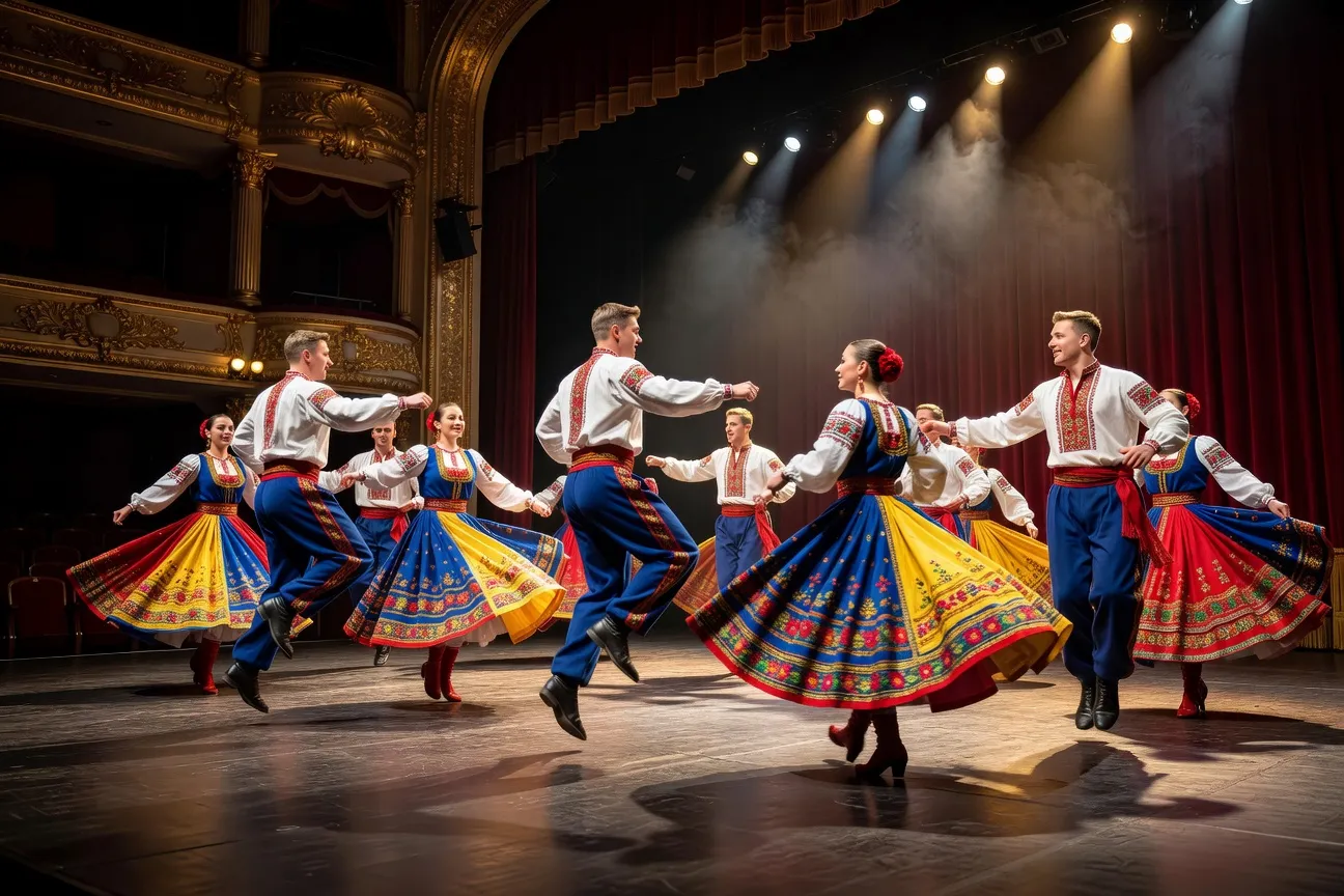Danseurs ukrainiens en costumes brodés exécutant le hopak sur une scène française