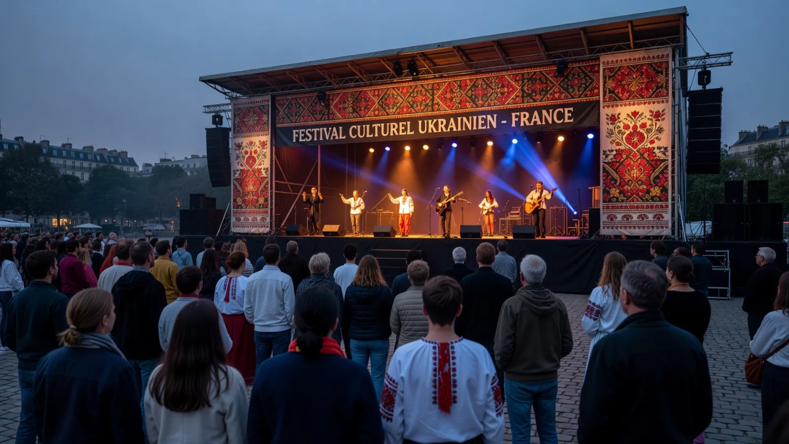 Festival culturel ukrainien en plein air en France, scène illuminée, public enthousiaste