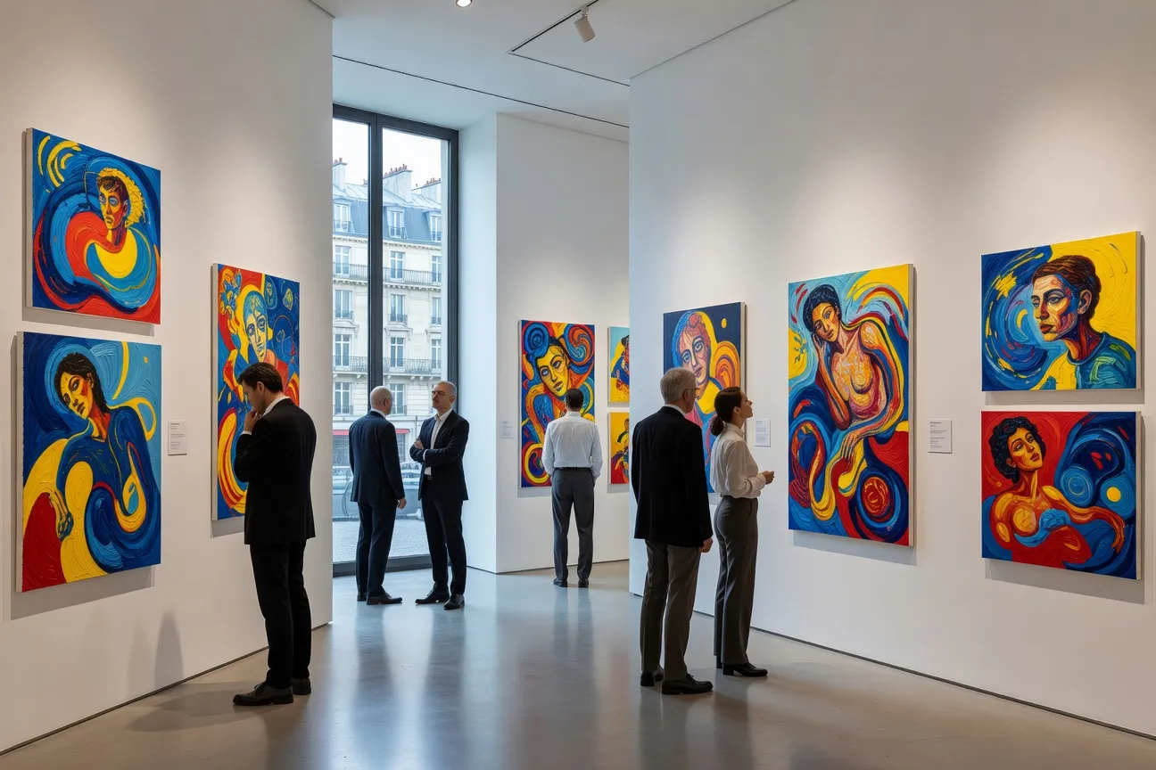 Galerie d'art contemporain parisienne avec des œuvres d'artistes ukrainiens sur murs blancs