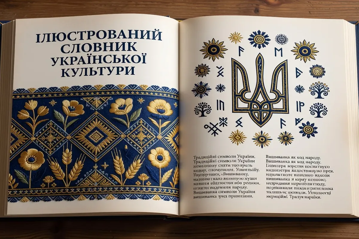 Dictionnaire illustré de la culture ukrainienne, motifs vyshyvanka et tryzub dorés sur couverture navy