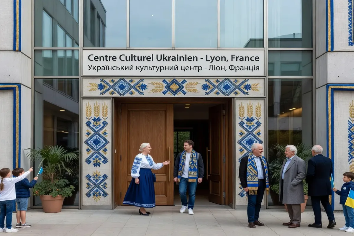 Centre culturel ukrainien à Lyon, entrée ornée de motifs vyshyvanka bleu et or