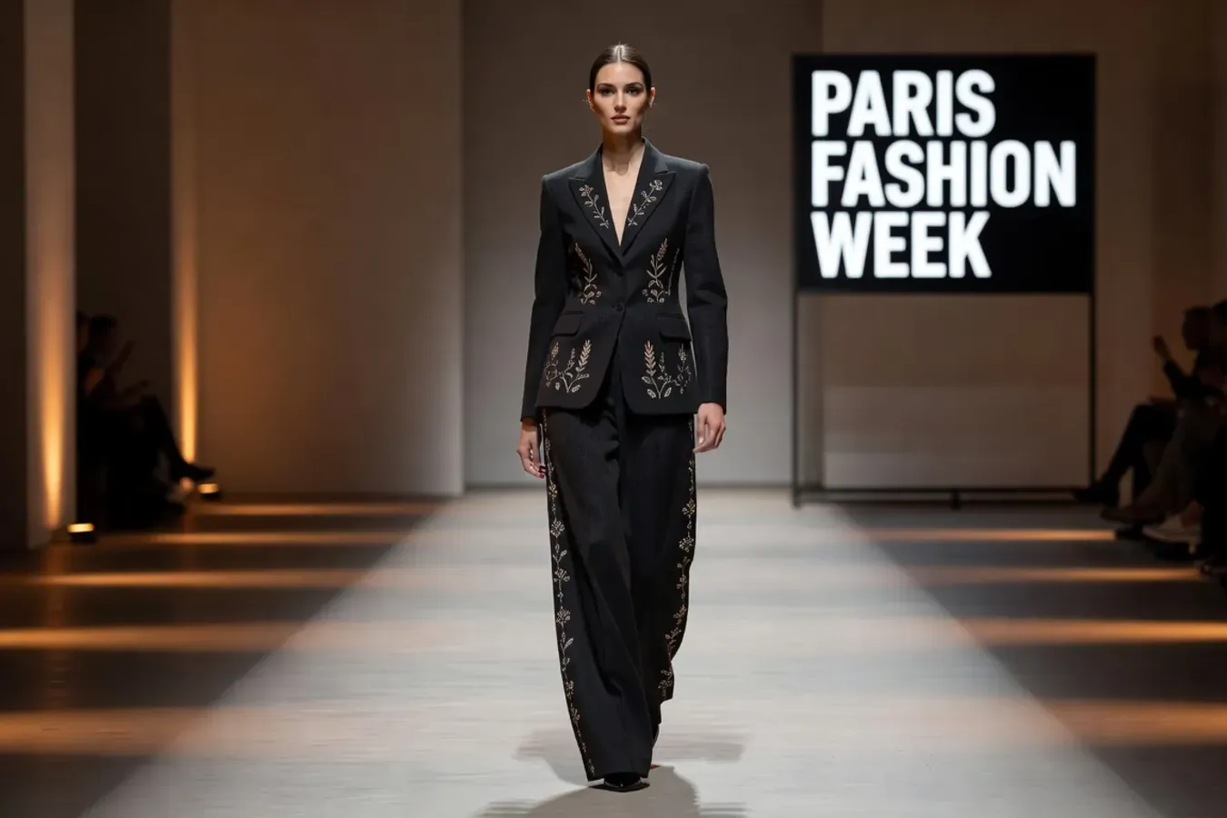 Défilé de mode ukrainienne à Paris, modèles en tenues inspirées des broderies vyshyvanka et du design contemporain ukrainien