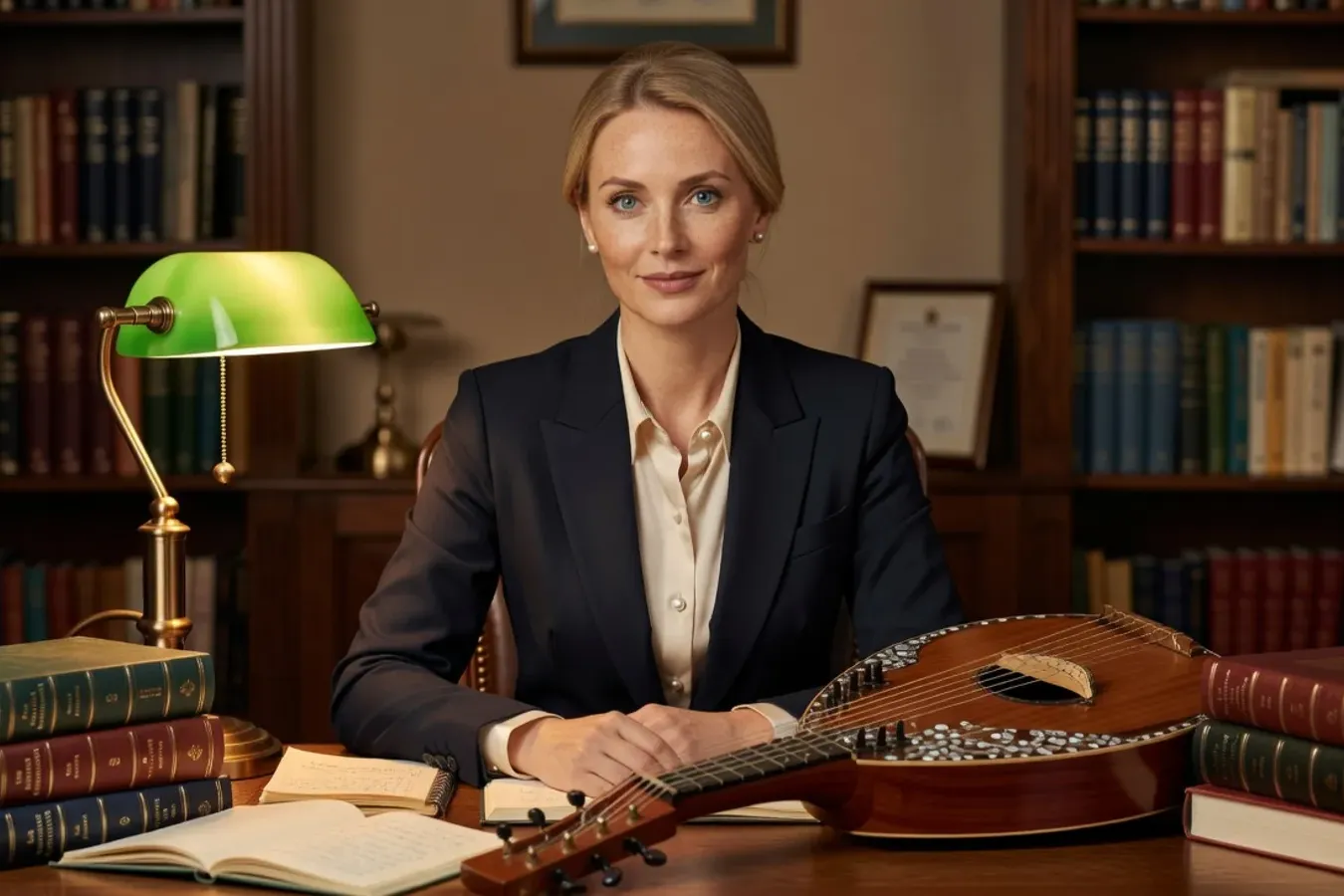 Ethnomusicologue ukrainienne avec instruments traditionnels — bandura et kobza — studio d'enregistrement académique