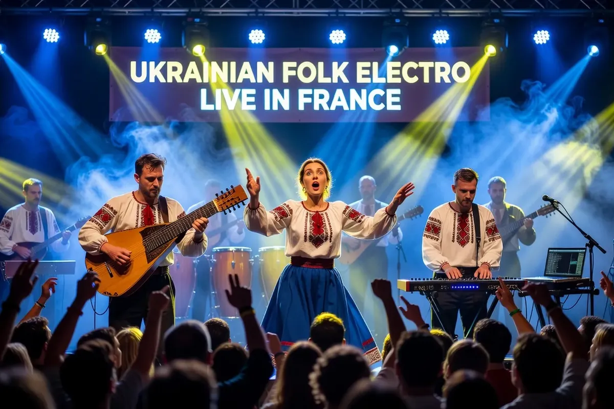 Artiste ukrainien sur scène en France 2026, lumières bleues et jaunes, public enthousiaste