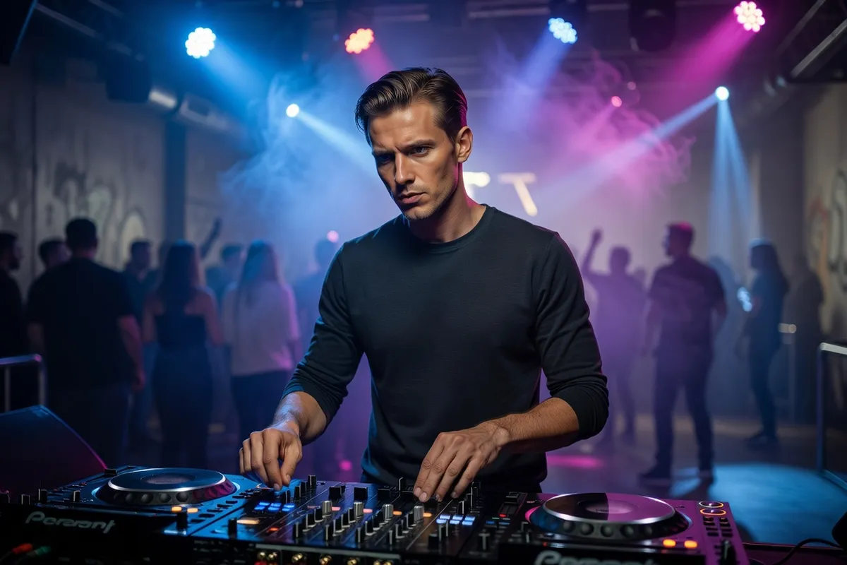 DJ ukrainien mixant lors d'une soirée techno en club, ambiance nocturne