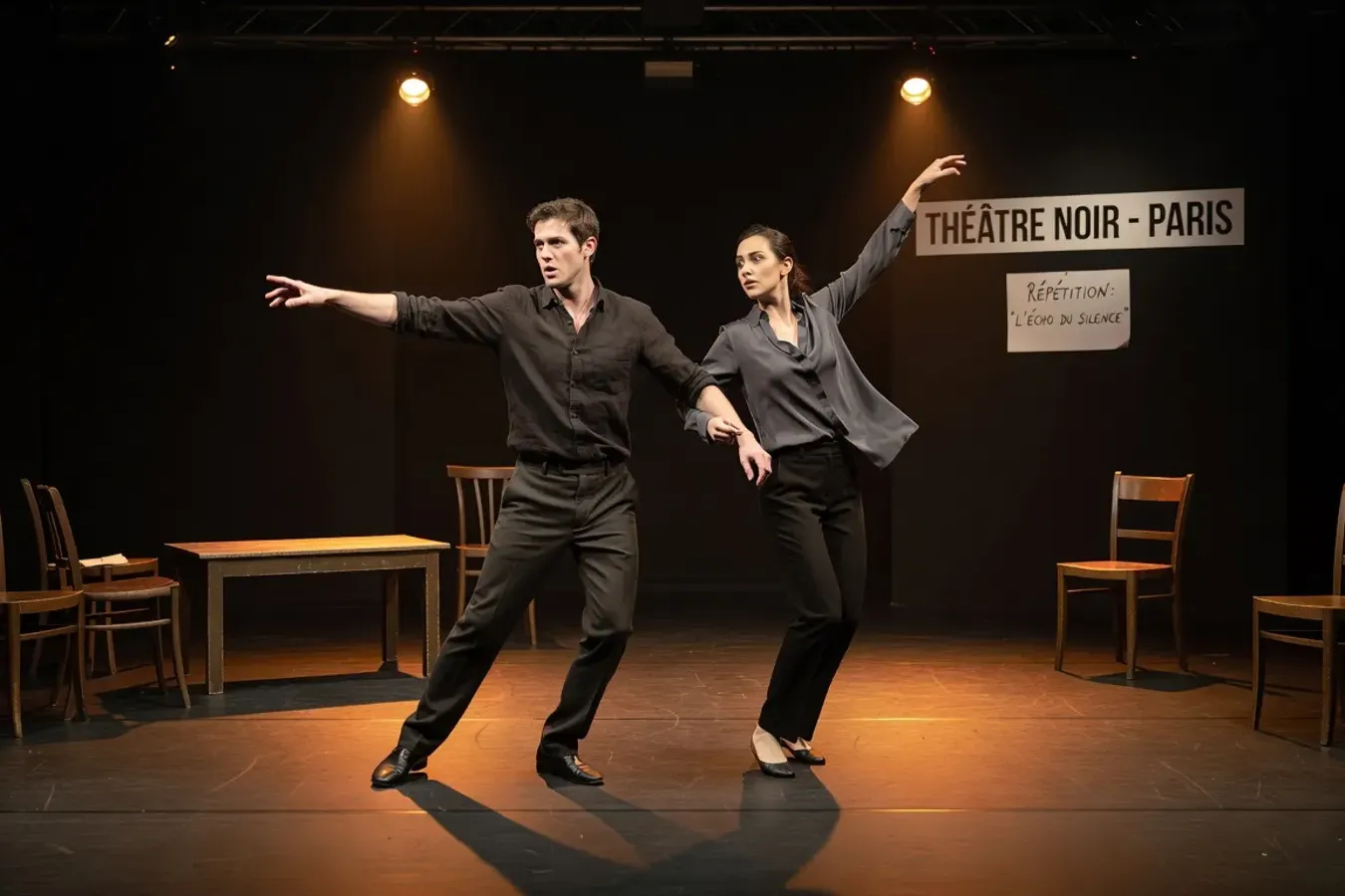 Répétition de théâtre ukrainien dans un espace scénique parisien — comédiens en mouvement, lumière de scène chaude