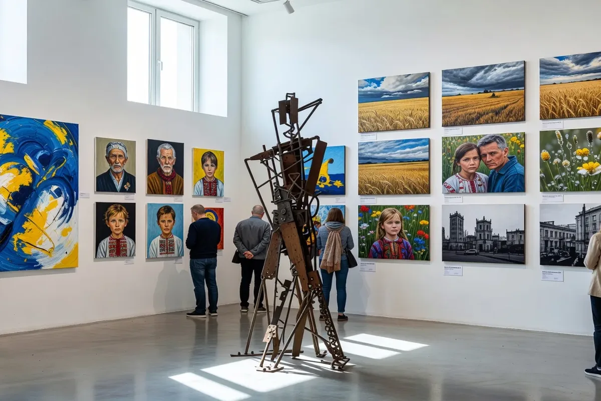 Galerie d'art ukrainien contemporain, œuvres de peinture, sculpture et photographie dans un espace blanc