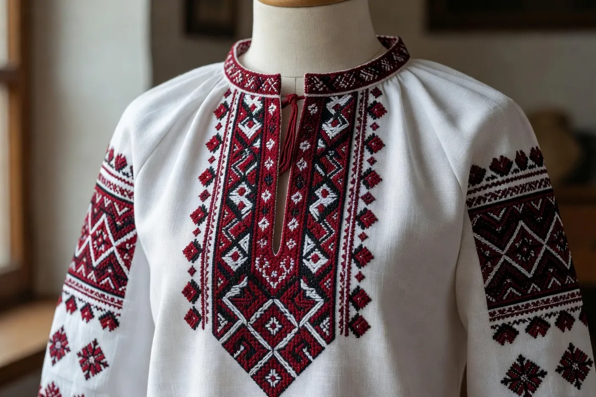 Vyshyvanka ukrainienne brodée, chemise traditionnelle aux motifs géométriques rouges et noirs