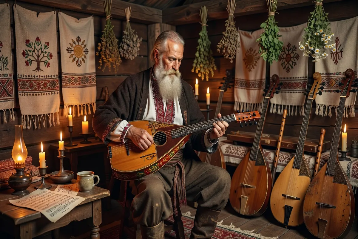 Kobzar jouant de la bandura dans un cadre culturel ukrainien traditionnel