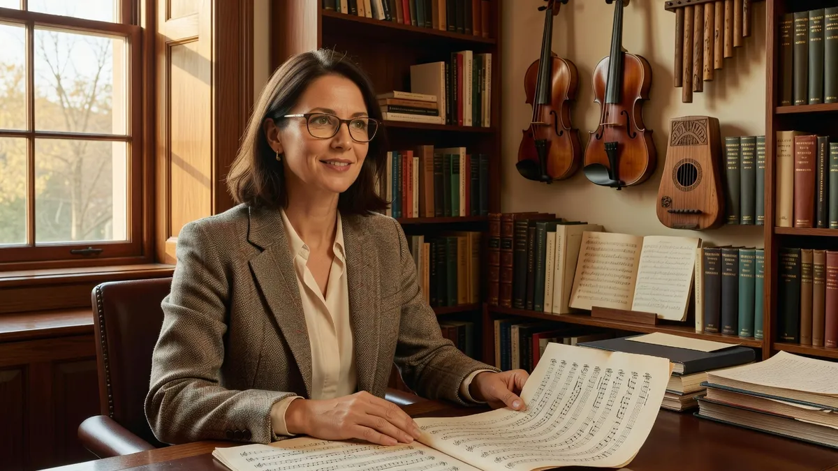 Olena Marchenko dans son bureau à l'université — instruments ukrainiens en arrière-plan