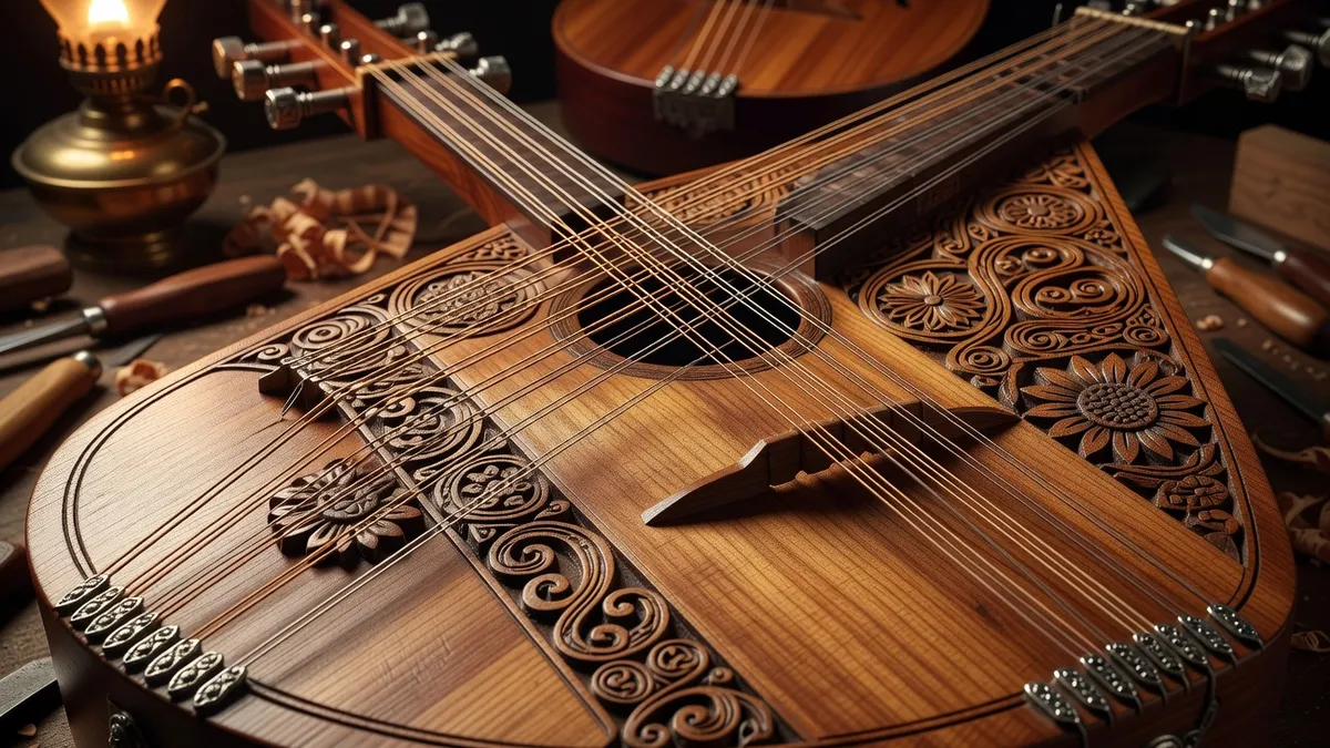 Détail d'une bandura artisanale ukrainienne — cordes, chevilles, table d'harmonie sculptée