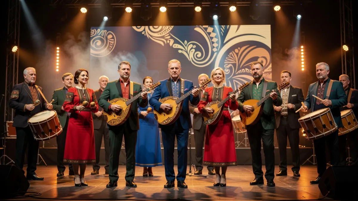 Musiciens ukrainiens jouant de la bandura et percussions traditionnelles en concert