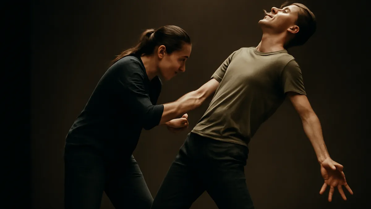 Spectacle d'une compagnie ukrainienne en France — performance physique, décor minimaliste