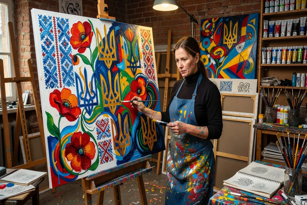 Galerie d'art ukrainien contemporain, peintures et sculptures dans un espace blanc