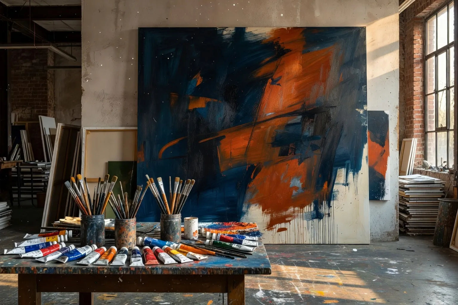Atelier d'artiste ukrainien contemporain avec toile abstraite en cours