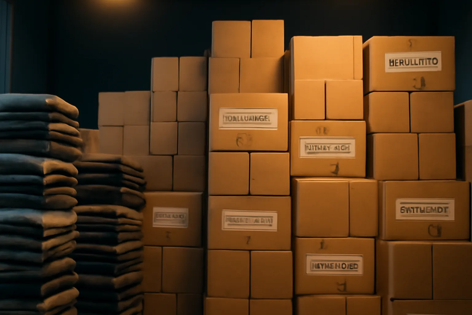 Entrepot d'aide humanitaire avec cartons et couvertures empilees