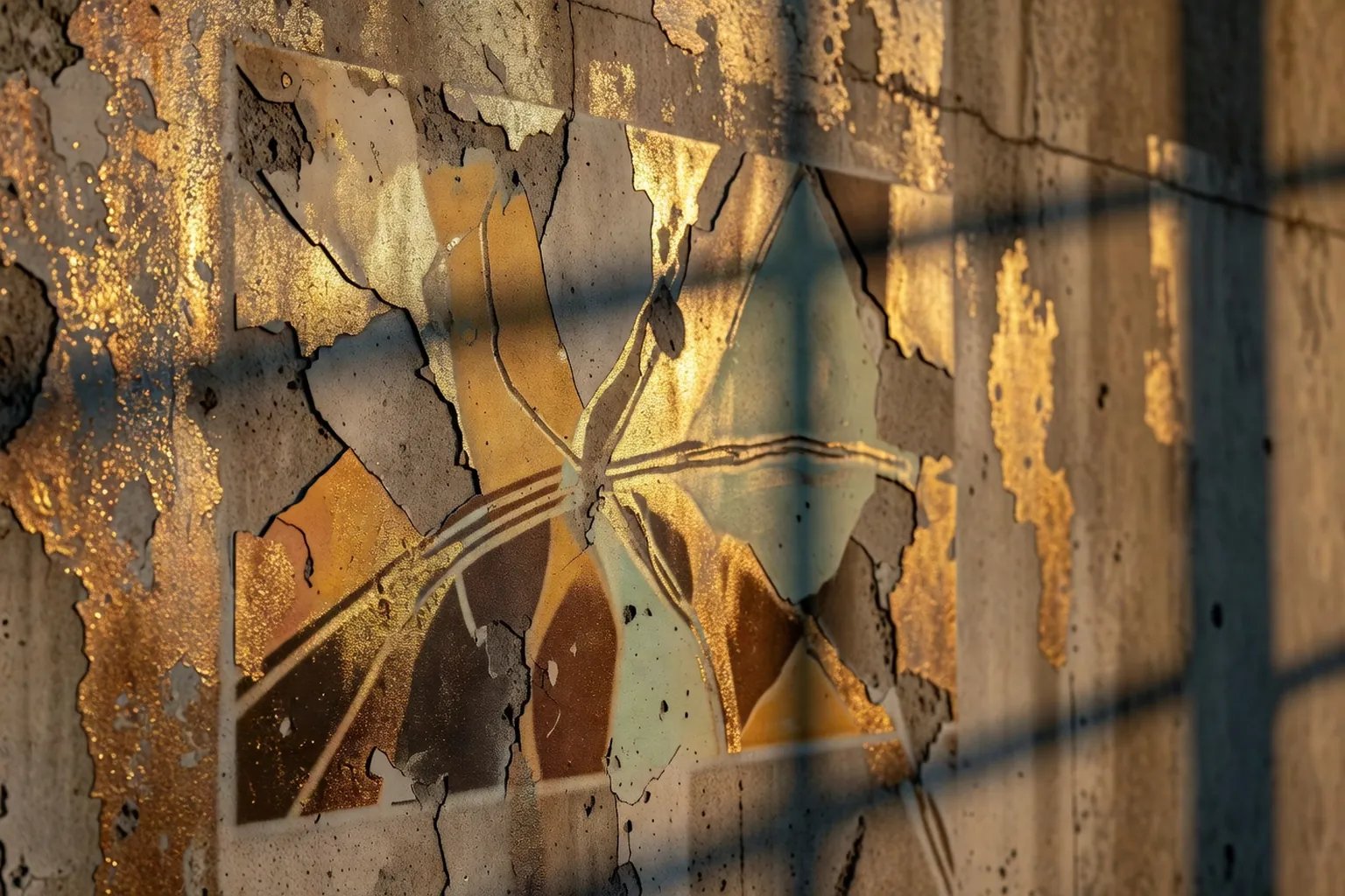 Fragment de pochoir de street art sur mur de beton a la patine doree