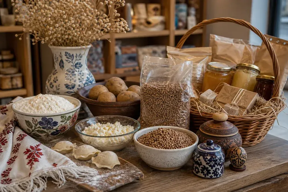 Objets brodés et cadeaux ukrainiens dans une boutique parisienne