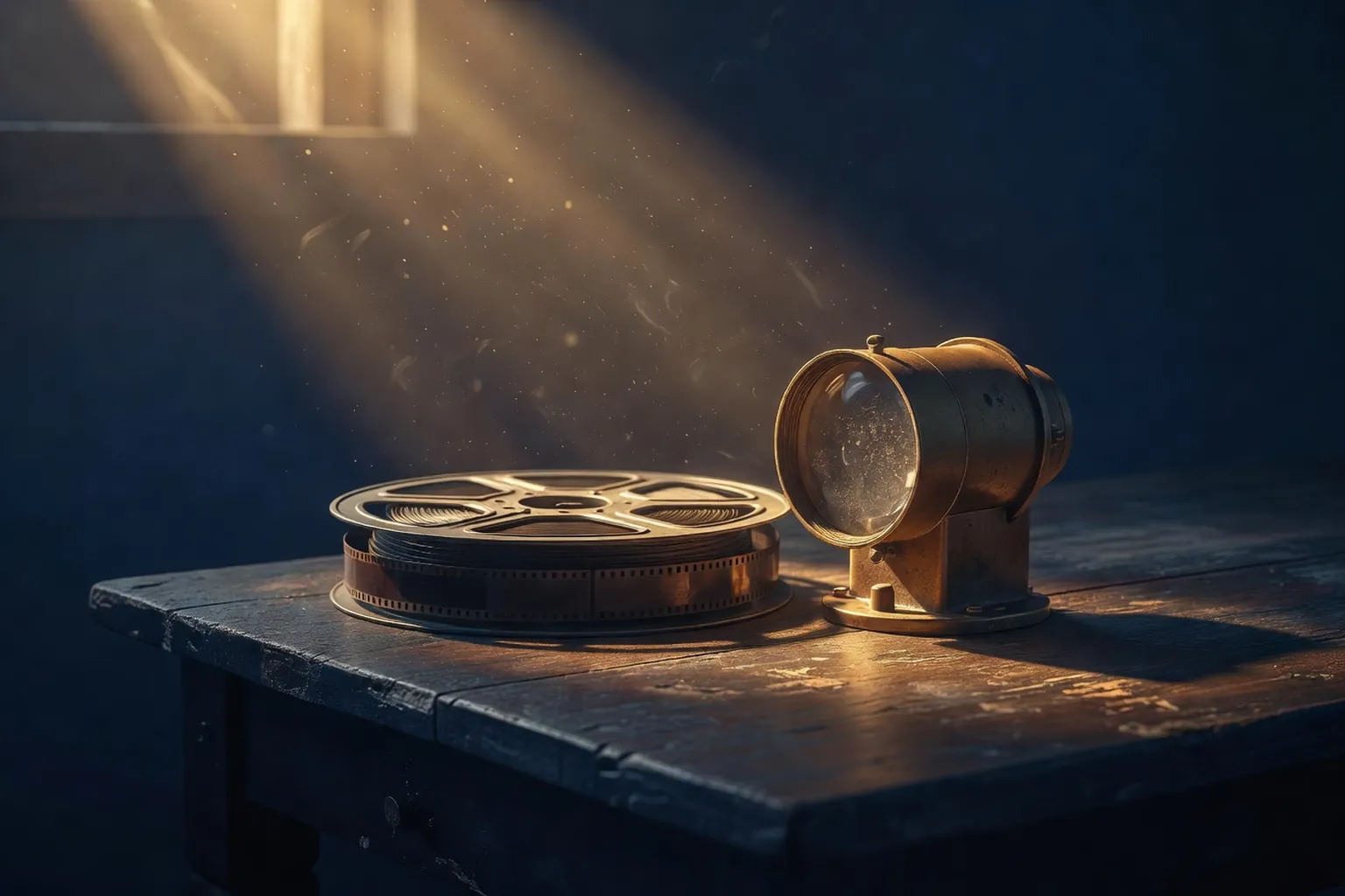 Bobine de film argentique et lentille de projecteur sur une table en bois