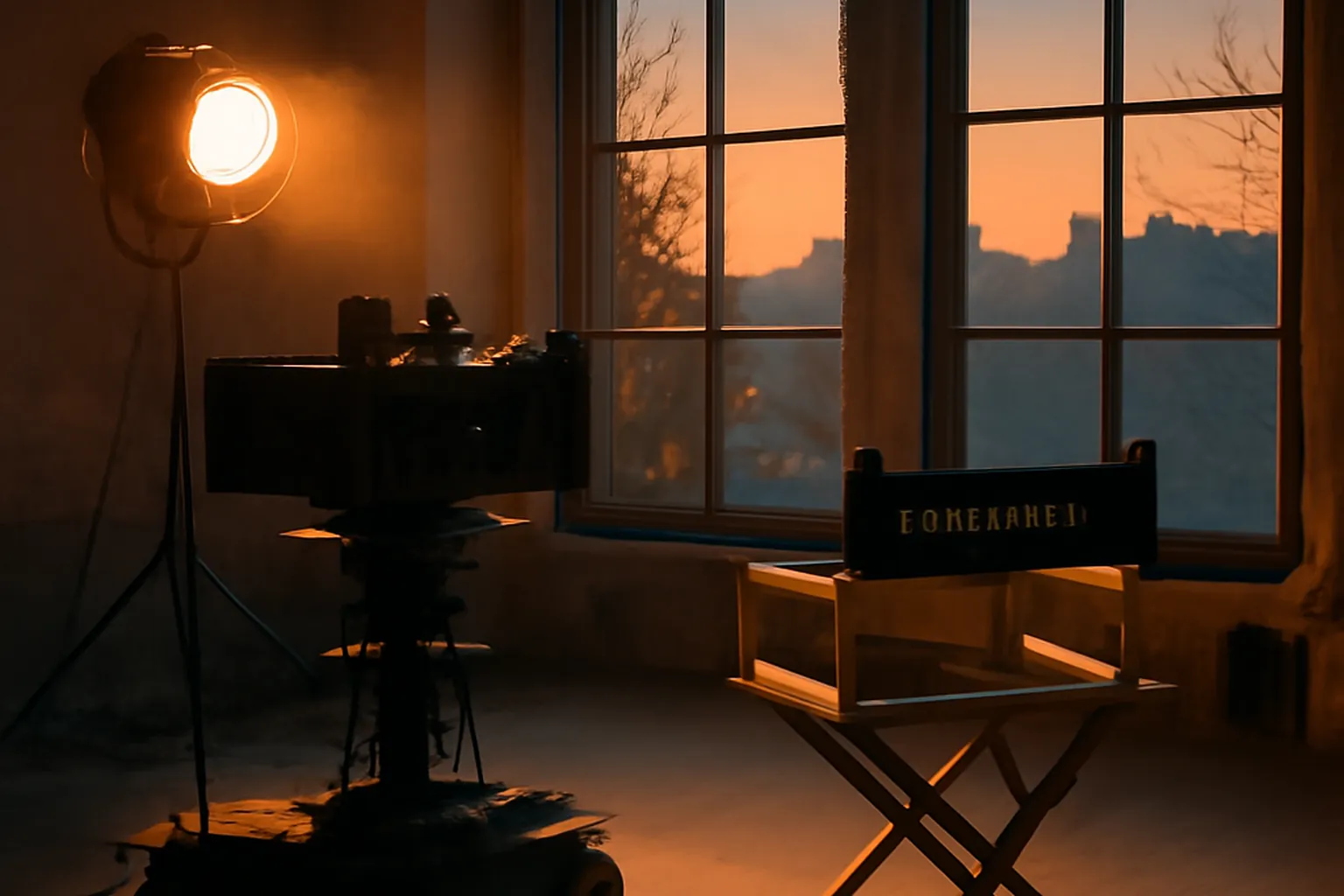 Plateau de tournage contemporain a Kyiv avec camera de cinema et chaise de realisateur