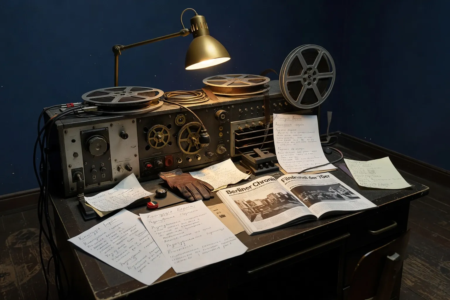 Studio de cinema berlinois avec console de montage et scenario ukrainien