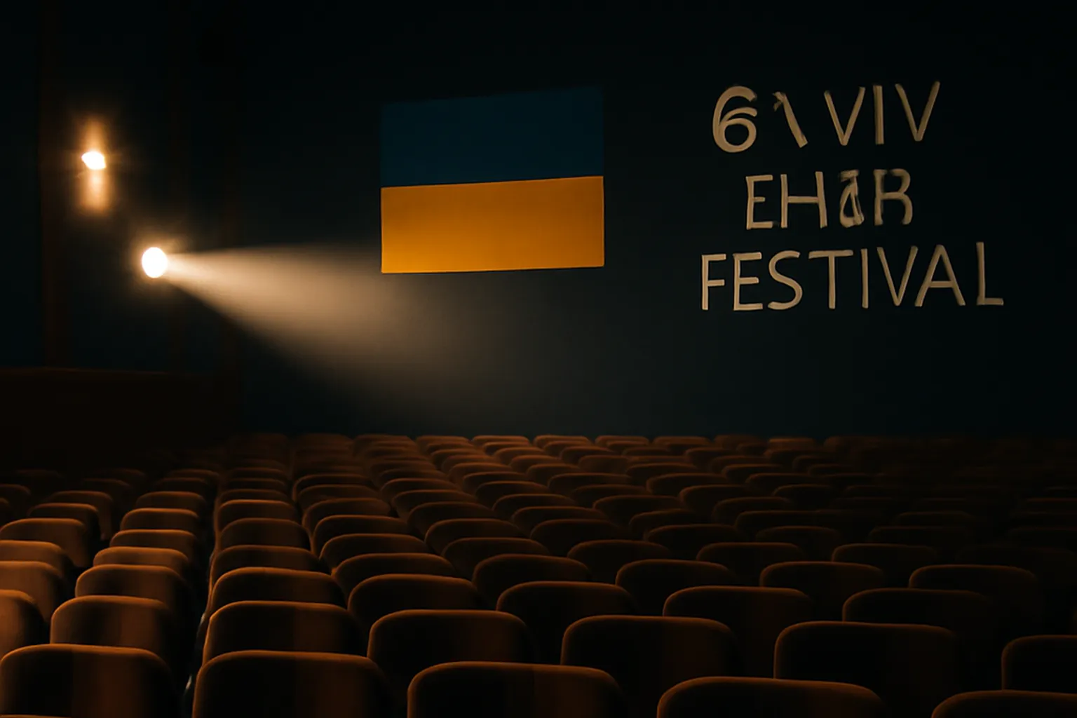 Salle de festival de cinema a Lviv avec sieges vides et faisceau de projecteur