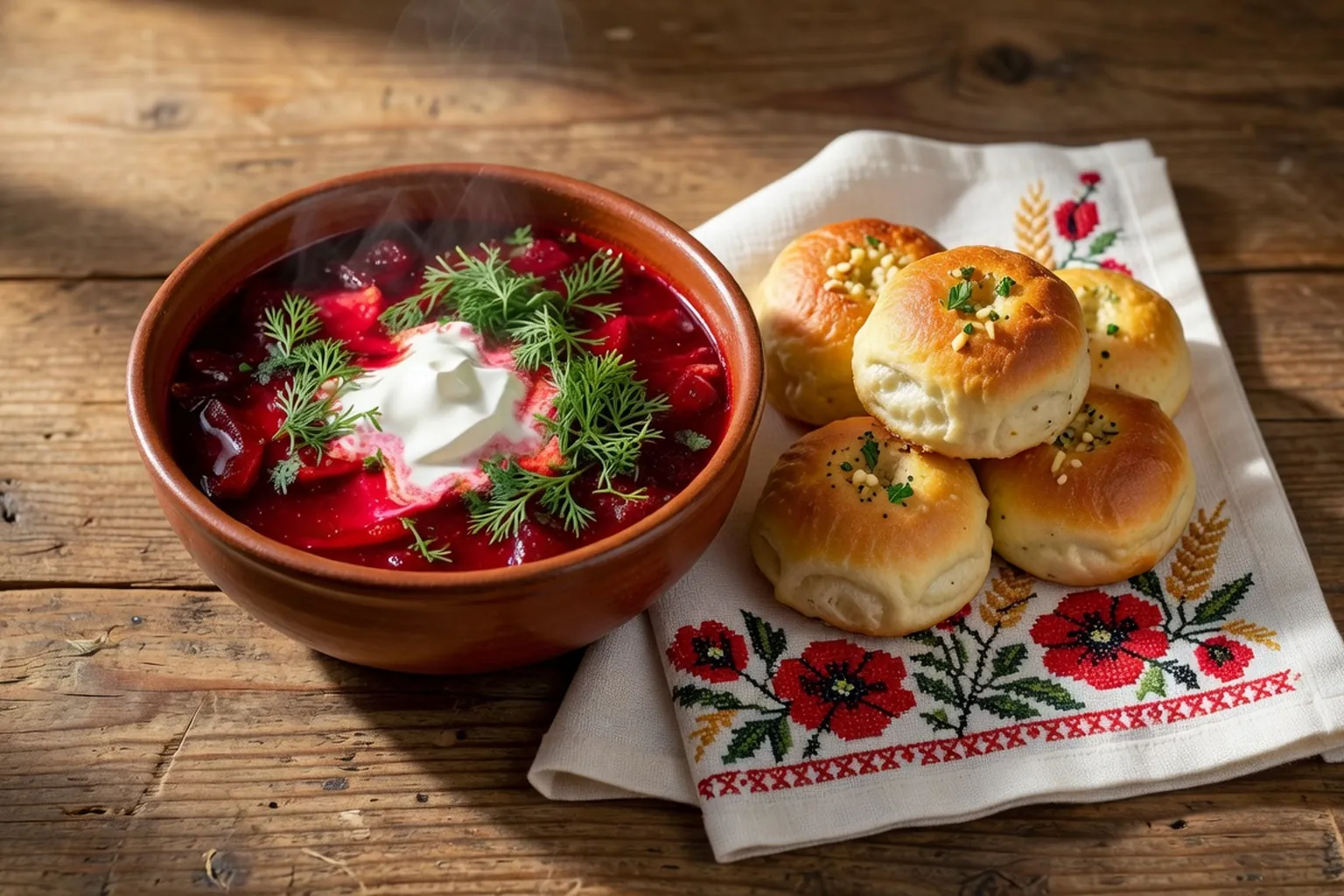 Bol de borchtch ukrainien avec pampouchky et creme aigre sur table en bois
