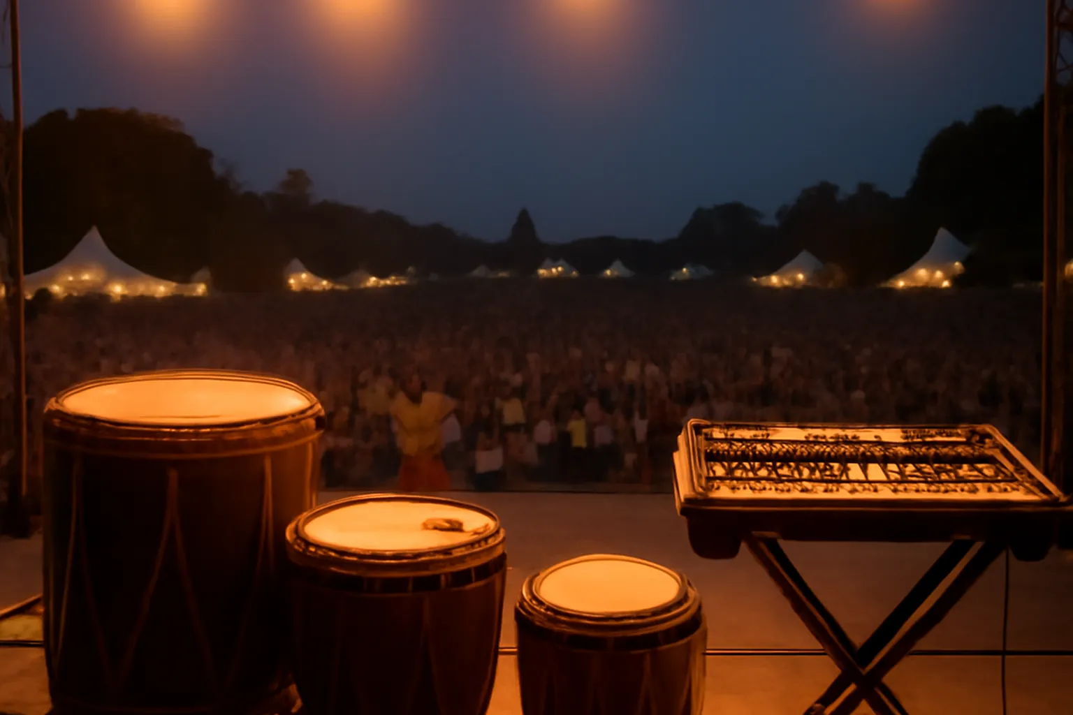 Scene de festival mondial avec percussions ukrainiennes et synthetiseur