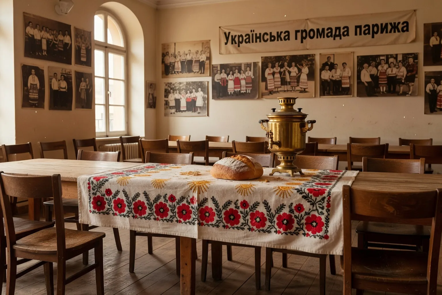 Salle de reunion d'une association ukrainienne a Paris avec samovar et nappe brodee
