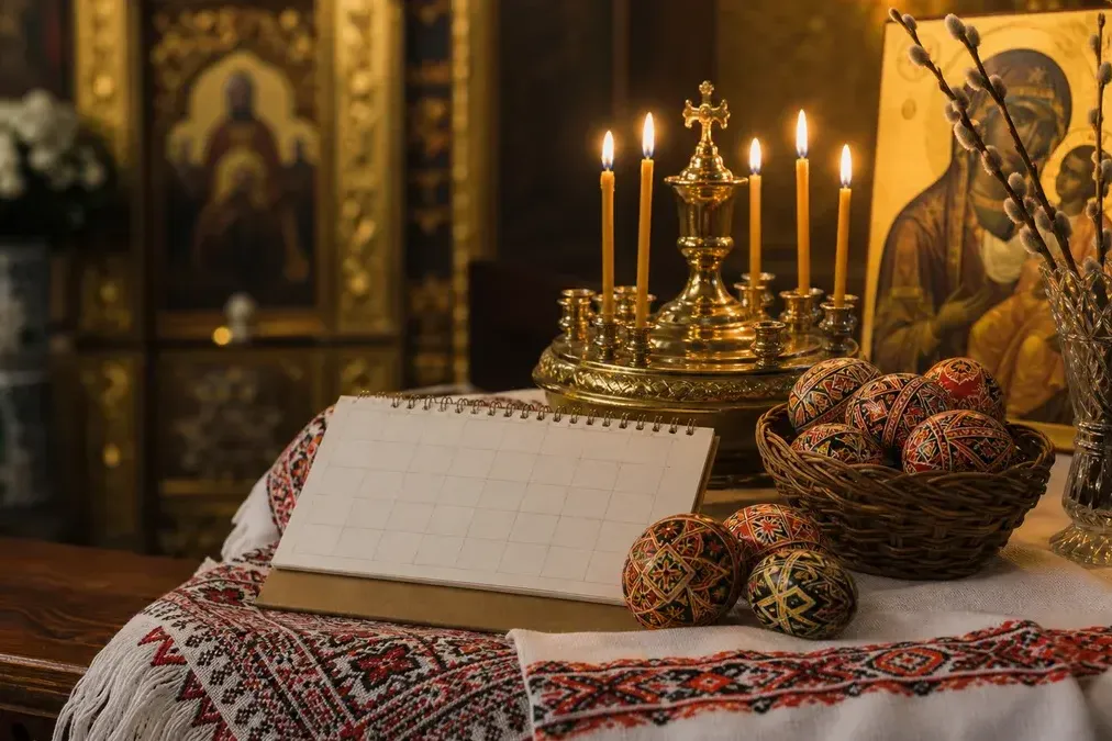 Calendrier liturgique ukrainien et bougies à Paris