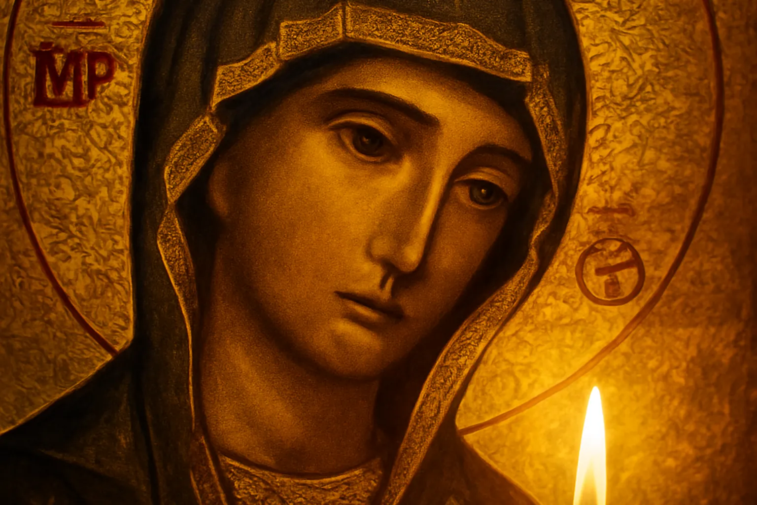 Icone orthodoxe ukrainienne a la feuille d'or sous reflet de bougie