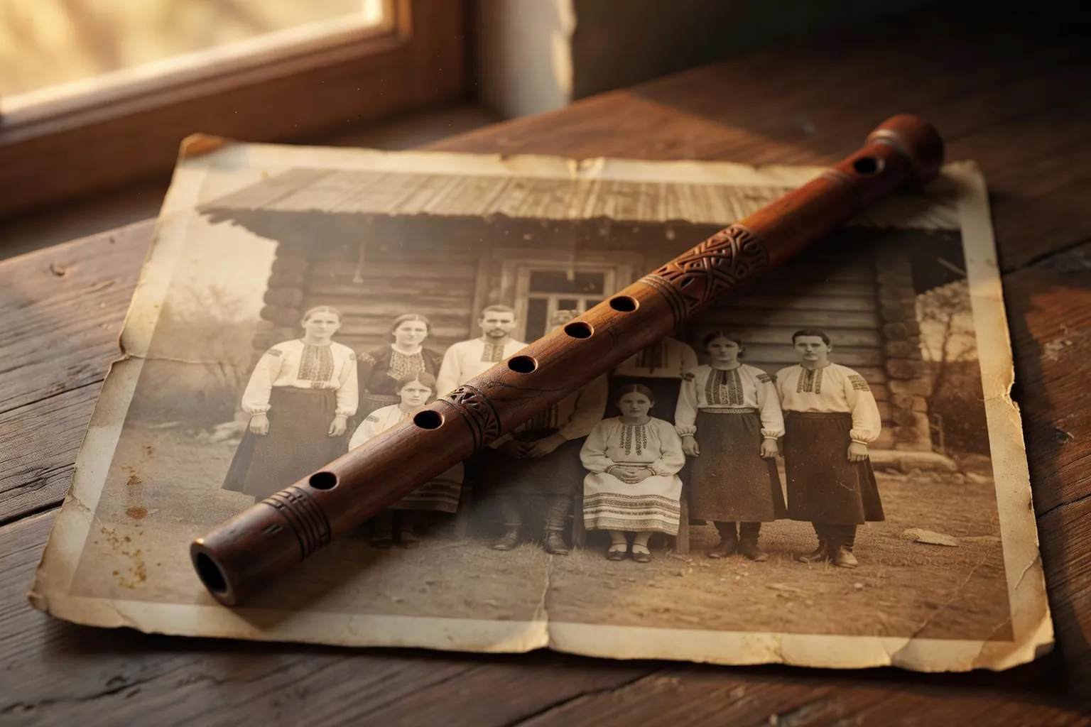Flute hutsule sopilka posee sur une photographie de famille